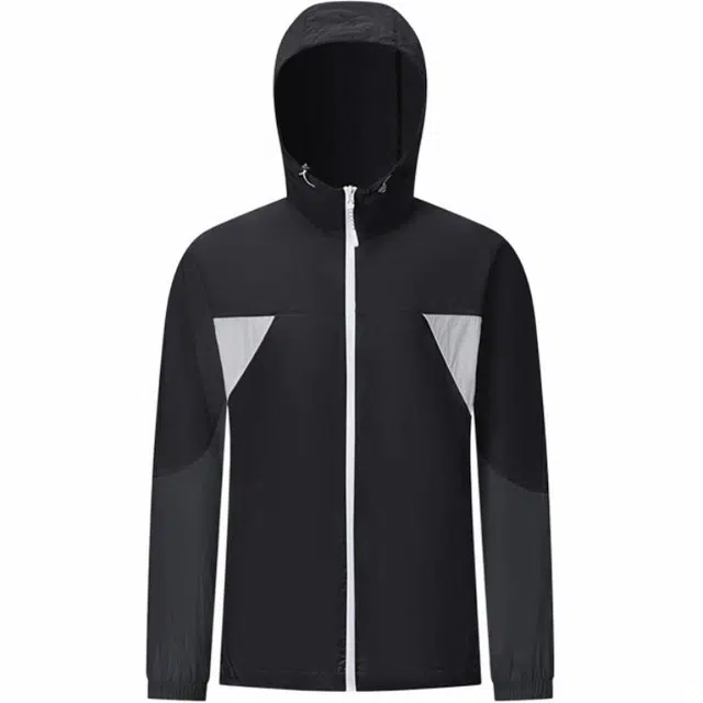 特步 篮球系列 梭织撞色拼接连帽风衣 男款 正黑色/松墨灰/云峰灰