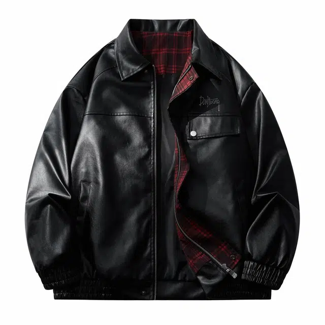 敦煌博物馆 美式复古机车风亮面防风格子撞色拉链百搭休闲皮衣 男女同款