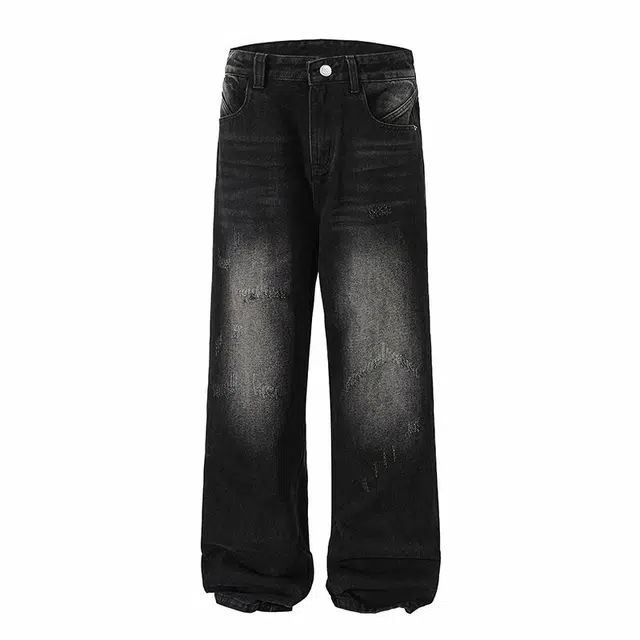 欧路得 美式复古蓝做旧直筒高街休闲宽松牛仔裤 男款