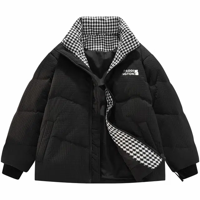帕丁顿熊 美式复古千鸟格纹拼接宽松休闲小熊贴标面包防风防寒保暖加厚羽绒服 男女同款