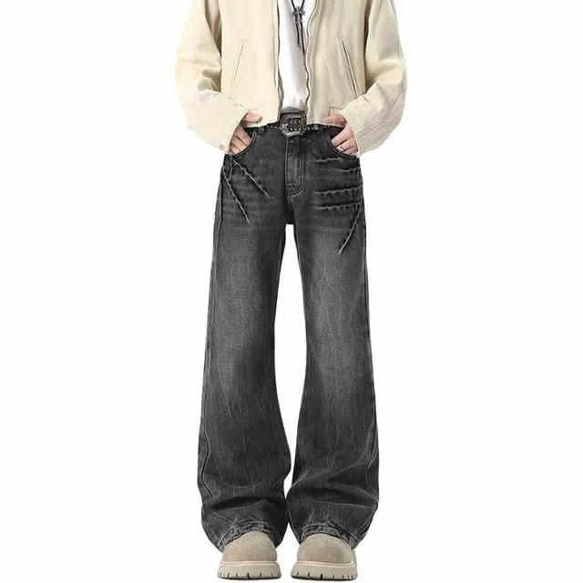 颂希尔 复古水洗扎染直简约基础百搭直筒牛仔裤 男女同款