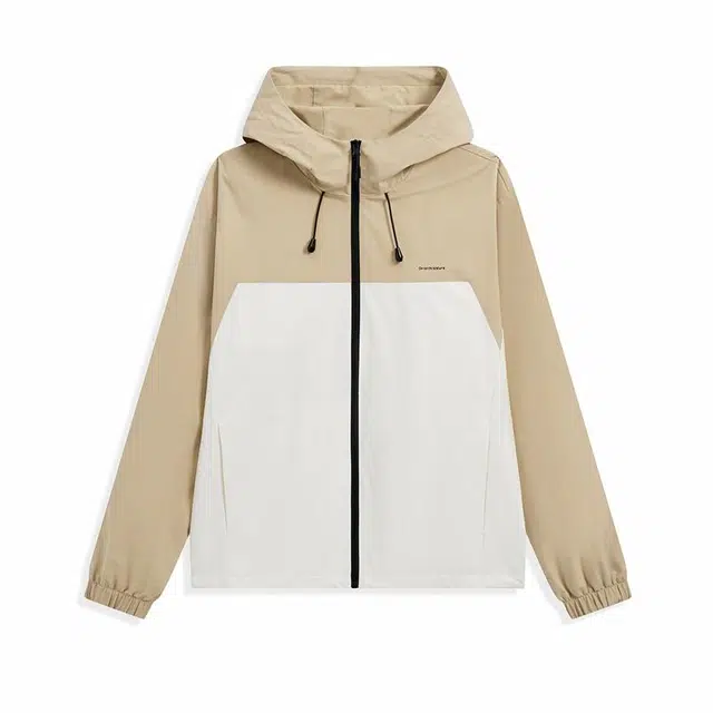 特步 拼色连帽长袖拉链风衣 男女同款 砗磲黄