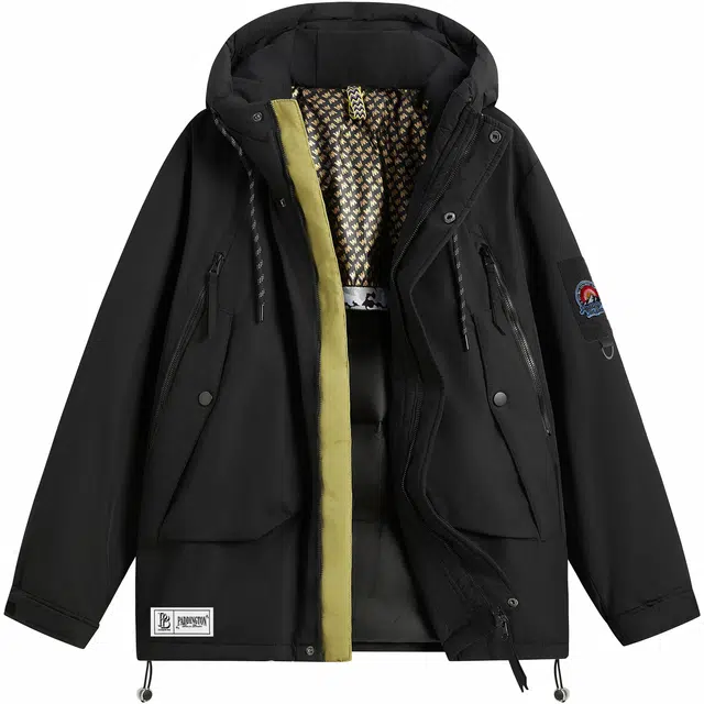 帕丁顿熊 简约雪山字母刺绣魔术贴纯色宽松休闲工装户外连帽防风防寒外套保暖加厚羽绒服 男女同款