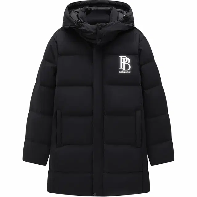 帕丁顿熊 简约字母印花纯色长款拼接休闲防风保暖宽松可拆卸帽防寒加厚羽绒服 男女同款