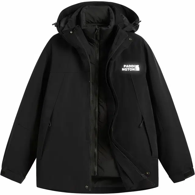 帕丁顿熊 简约印花纯色拼接宽松休闲连帽户外防水防风防寒三合一保暖加厚羽绒服 男女同款