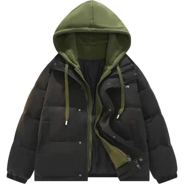 帕丁顿熊 假两件撞色拼接卡通字母印花纯色宽松休闲可拆卸帽防风防寒面包服保暖加厚羽绒服 男女同款