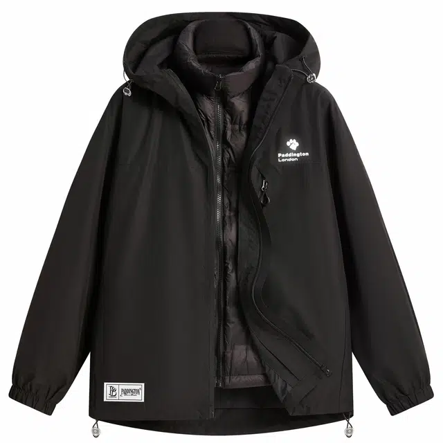 帕丁顿熊 小熊字母反光印花纯色宽松休闲可拆卸内胆连帽户外防水防风防寒三合一保暖加厚羽绒服 男女同款