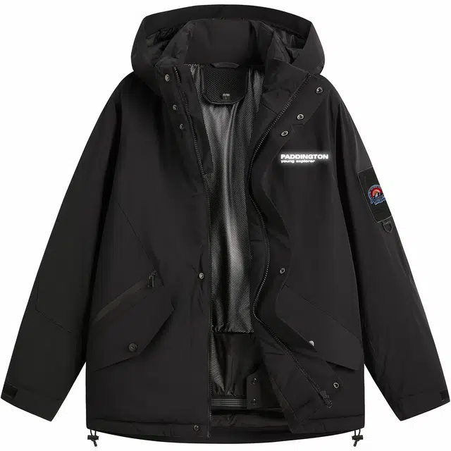 帕丁顿熊 简约反光字母印花纯色休闲防风防水户外滑雪外套宽松可拆卸帽防寒保暖加厚羽绒服 男女同款