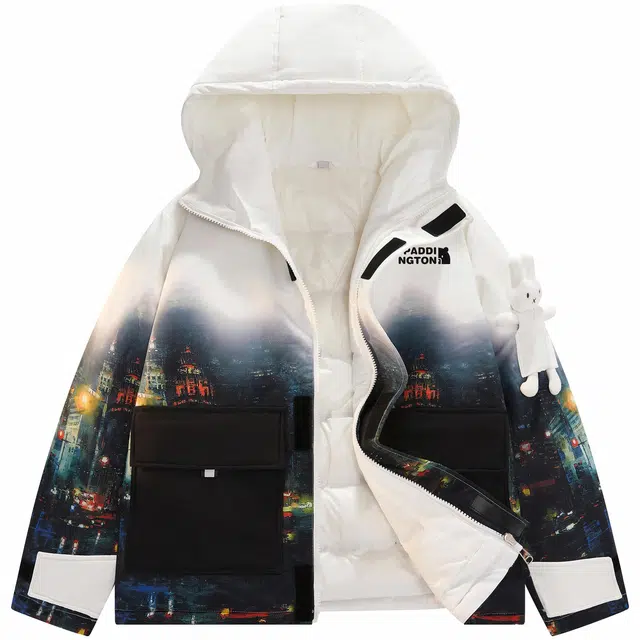 帕丁顿熊 简约小熊贴标夜景玩偶宽松休闲套头连帽防风防寒保暖加厚羽绒服 男女同款