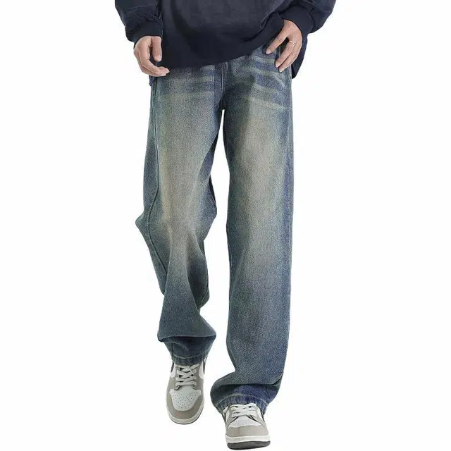 杜克恩 美式复古棉质水洗做旧宽松高街阔腿牛仔裤 男女同款 怀旧蓝
