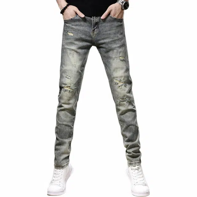 贵色 城市机能风格修身小脚韩版潮牌休闲美式复古拼接设计感高端欧货破洞复古水洗牛仔裤 男女同款