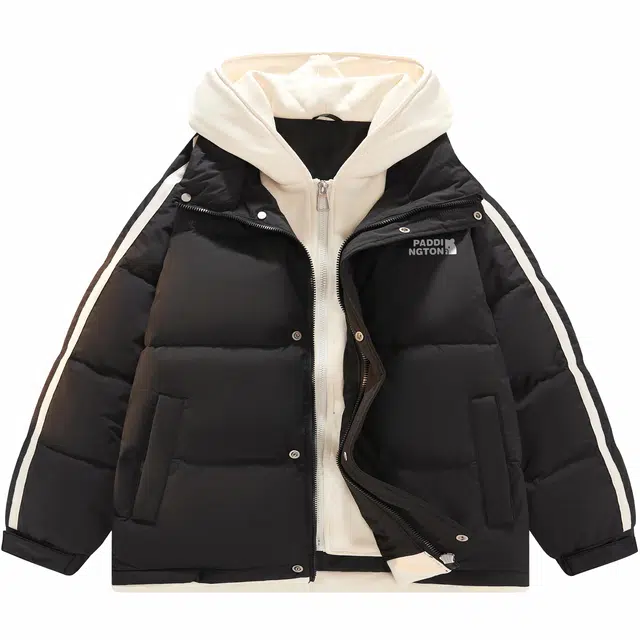 帕丁顿熊 假两件连帽撞色拼接小熊贴标纯色宽松休闲面包服外套防风防寒保暖加厚羽绒服 男女同款