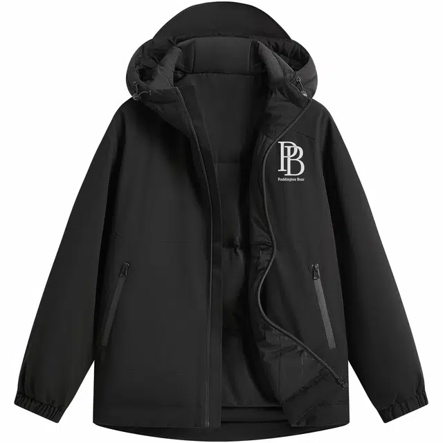 帕丁顿熊 简约反光小熊字母印花纯色拼接宽松连帽休闲防风防寒保暖加厚羽绒服 男女同款