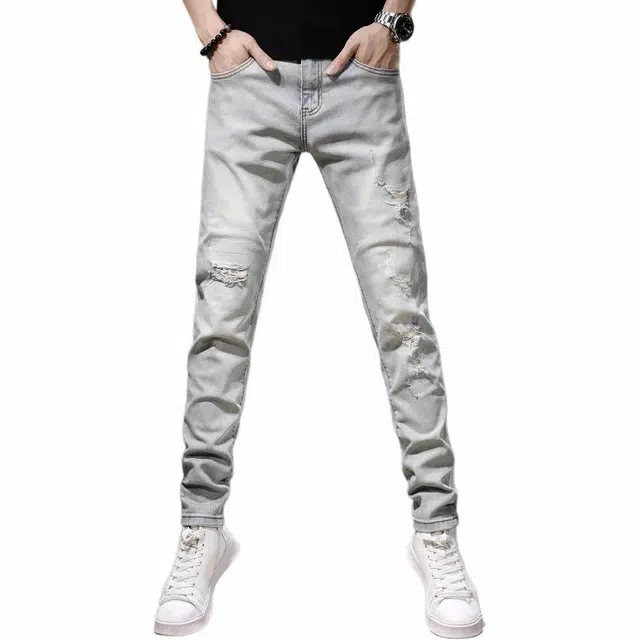 贵色 修身小脚贴布乞丐韩版休闲裤子拼接设计感高端破洞牛仔裤 男女同款 浅蓝