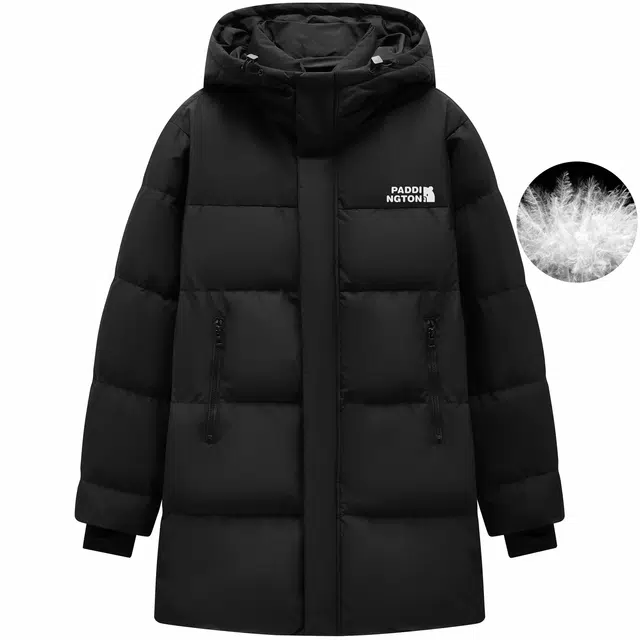 帕丁顿熊 简约小熊贴标宽松连帽字母休闲面包服防风防寒保暖加厚中长款羽绒服 男女同款