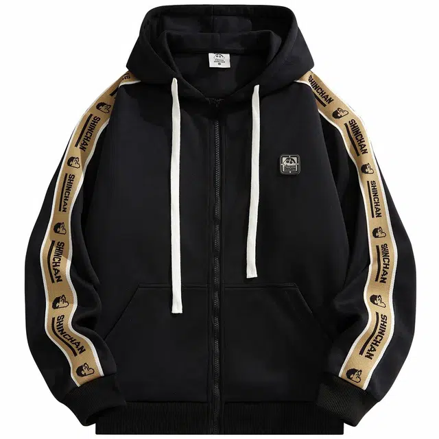 蜡笔小新 袖边条纹小新头像字母印花宽松休闲连帽开衫针织夹克外套 男女同款