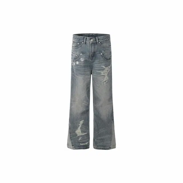 极限涡轮 美式复古水洗做旧拼接直筒小众微喇休闲裤牛仔裤 男女同款 蓝色