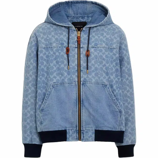 COACH Signature Denim Hooded Zip Up Jacket Logo