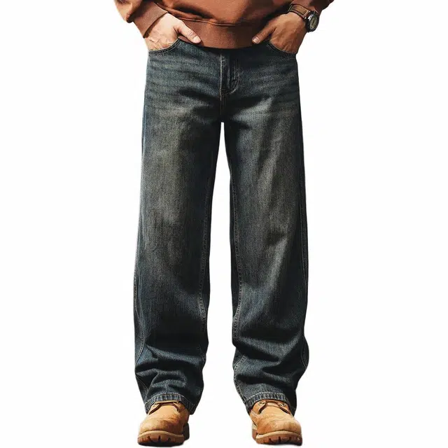 格蓝鹿 拼接设计感美式复古城市机能风格潮牌直筒石磨做旧休闲牛仔裤 男女同款 蓝色