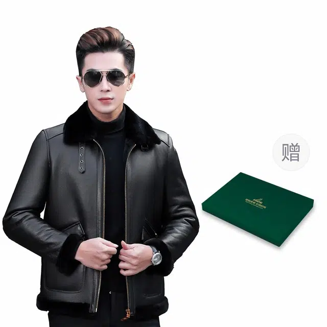 富铤 纯色皮毛一体翻领保暖加厚皮休闲通勤真皮皮衣 男款 黑色