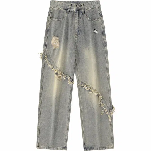 蜡笔小新 复古水洗做旧切割毛边破洞品牌小标宽松直筒牛仔裤 男女同款