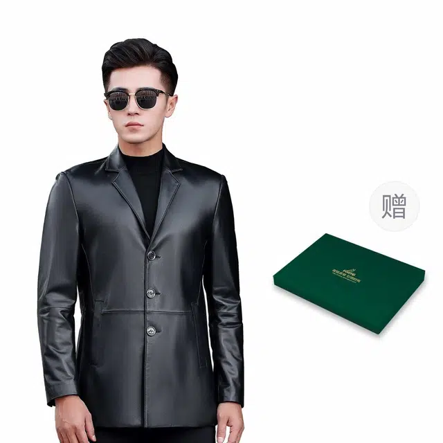 富铤 中长款西装领纽扣简约时尚皮衣 男款 黑色