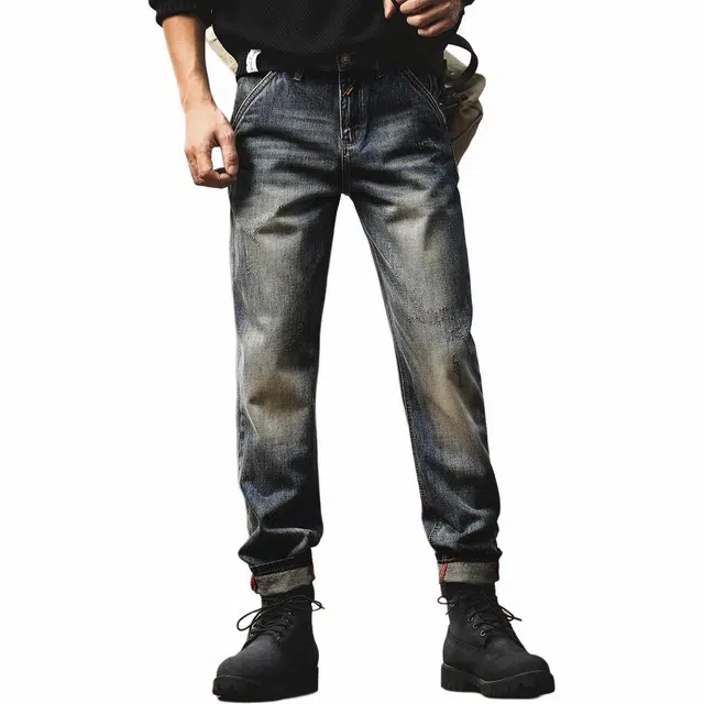 格蓝鹿 春季 城市机能风格直筒宽松休闲裤子美式复古拼接设计感潮牌简约复古水洗牛仔裤 男女同款 蓝色