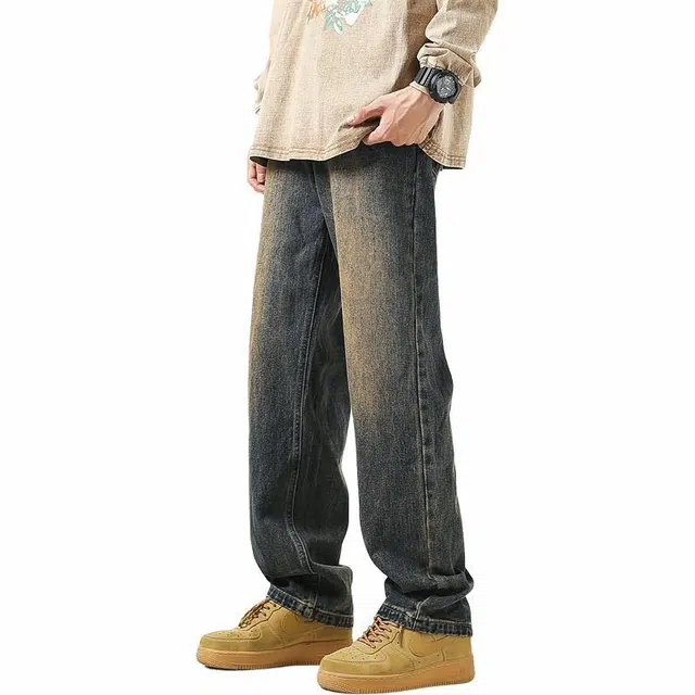 顶峰保罗 美式高街复古宽松休闲裤水洗做旧阔腿百搭牛仔裤 男女同款