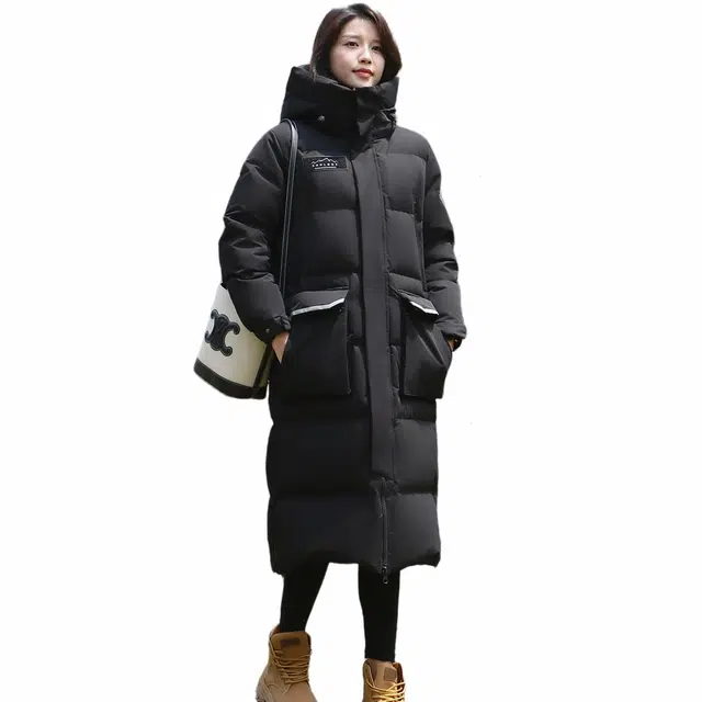 雅鹿 徽章纯色字母户外加厚连帽拉链防寒长款羽绒服 男女同款