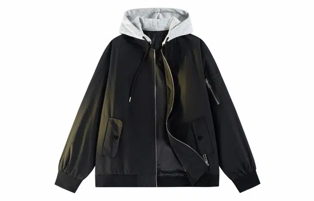 雅鹿 学院风清新假两件连帽双边口袋防风工装宽松舒适通勤休闲夹克外套 男女同款