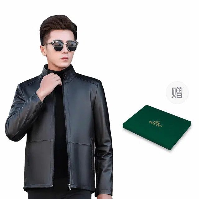 富铤 美式复古纯色保暖机车拉链时尚百搭皮衣 男款 黑色