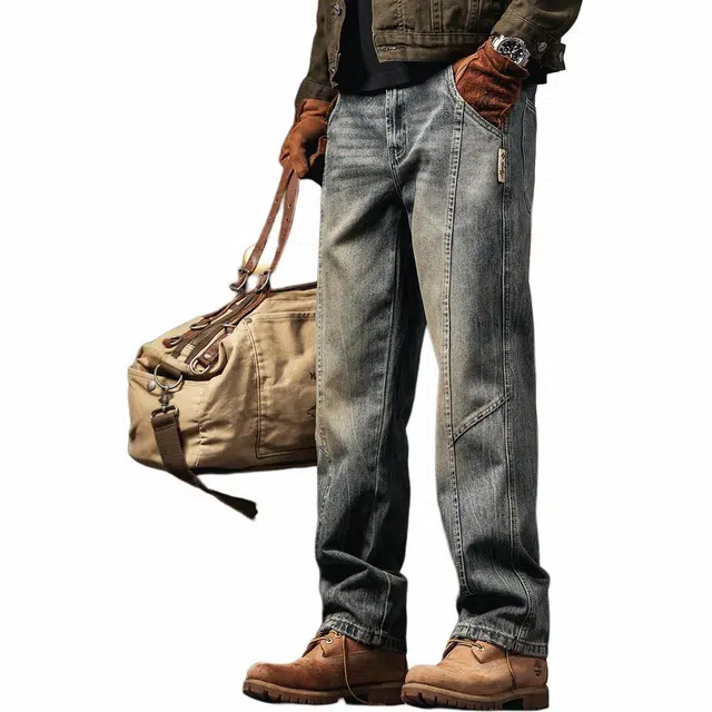 格蓝鹿 城市机能复古怀旧拼接美式直筒中腰牛仔裤 男女同款 蓝色