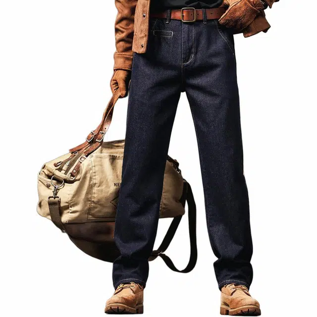 格蓝鹿 高端美式经典复古做旧水洗宽松直筒百搭风格原色丹宁休闲牛仔裤 男女同款 蓝色