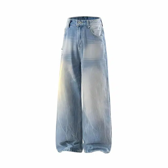 欧路得 美式水洗潮牌高腰阔腿裤宽松牛仔裤 男女同款 浅蓝色