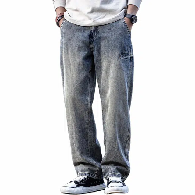 格蓝鹿 美式复古做旧水洗直筒百搭宽松大码牛仔裤 男女同款