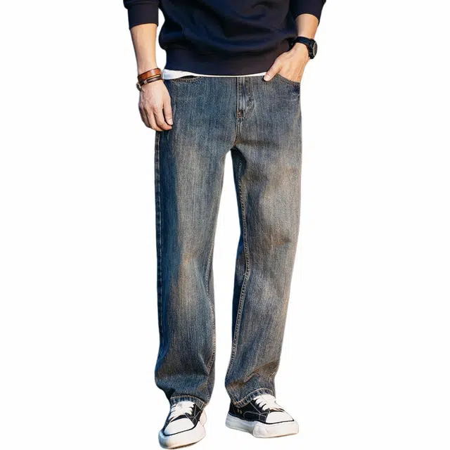 格蓝鹿 经典日系复古简约百搭纹理感宽松大码直筒水洗高街休闲拖地老爹裤牛仔裤 男女同款 蓝色