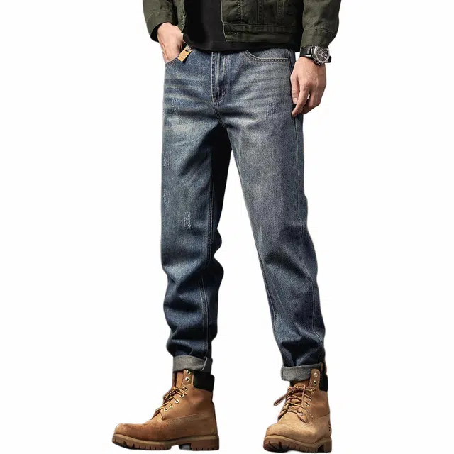 格蓝鹿 春季 美式复古手工做旧潮牌休闲舒适牛仔裤 宽松 男女同款 蓝色