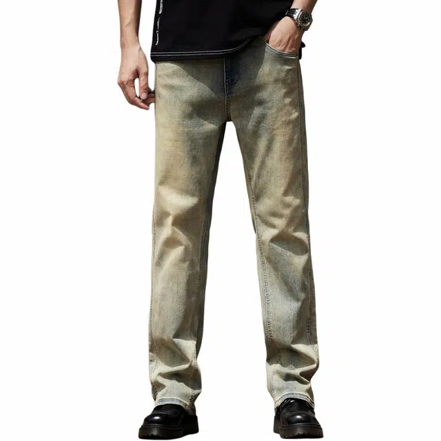 格蓝鹿 春季 美式复古手工做旧自制水洗黄泥染高街宽松大码休闲牛仔裤 男女同款