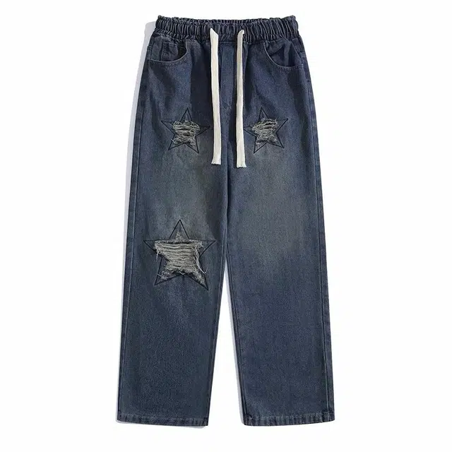 极限涡轮 星星刺绣破洞潮流美式街头宽松嘻哈痞帅破烂休闲长裤牛仔裤 男女同款 蓝色