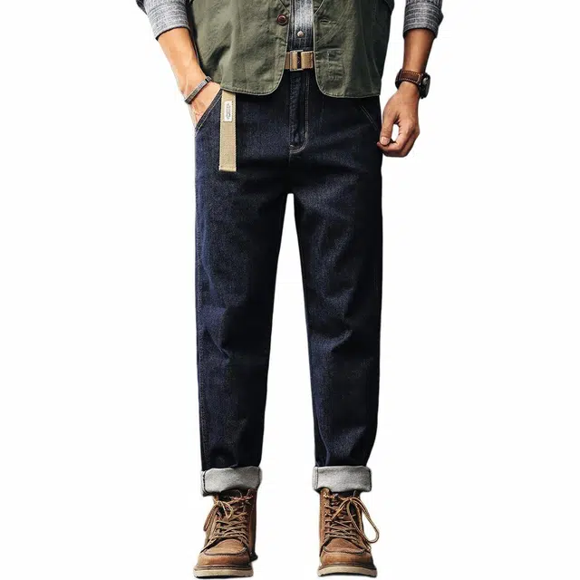 格蓝鹿 美式经典复古大码重磅直筒原色潮手工做旧美式街头风格休闲弹力牛仔裤 男女同款 深蓝