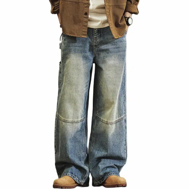 格蓝鹿 高端美式拼接做旧欧美高街痞帅牛仔裤 男女同款 复古蓝