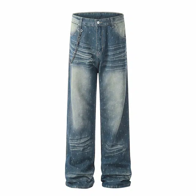 木林森 美式高街复古做旧水洗个性闪电直喷满印设计宽松显高显瘦垂感直筒牛仔裤 男女同款 蓝色