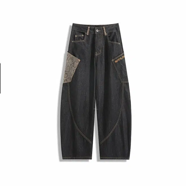 欧路得 美式拼接蛇纹潮牌高街垂感阔腿裤大口袋设计休闲长裤牛仔裤 男女同款 黑色