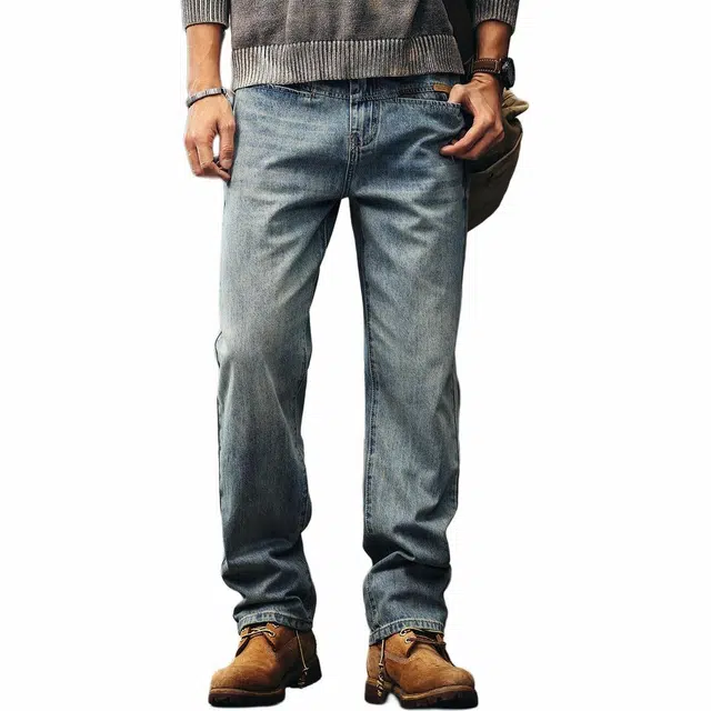 格蓝鹿 经典美式复古水洗大码街头风格潮牌休闲中腰直筒适中拉链有弹力长裤牛仔裤 宽松 男女同款 蓝色