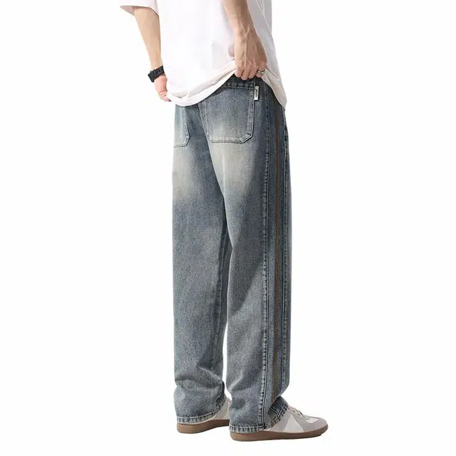 协协乐 美式潮牌高街阔腿牛仔裤 男款 复古蓝