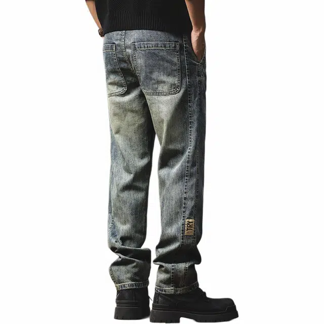 格蓝鹿 高端美式复古直筒潮牌长裤牛仔裤 男女同款 蓝色