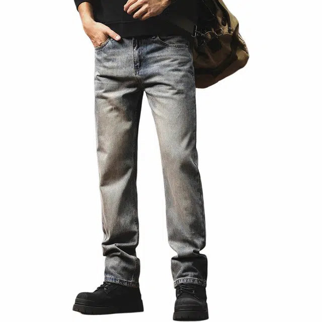 格蓝鹿 美式复古修身直筒小脚薄款潮牌弹力大码休闲直筒弹力黄泥染做旧裤子男牛仔裤 男女同款