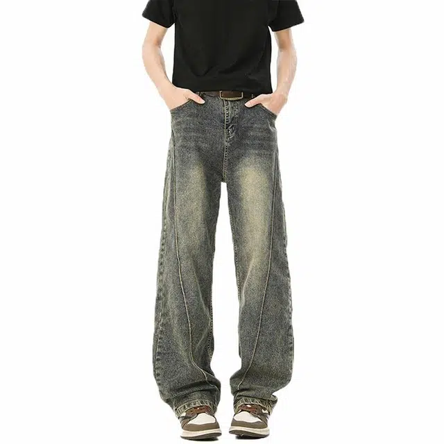 佐菲利 美式做旧复古高街宽松直筒牛仔裤 男女同款