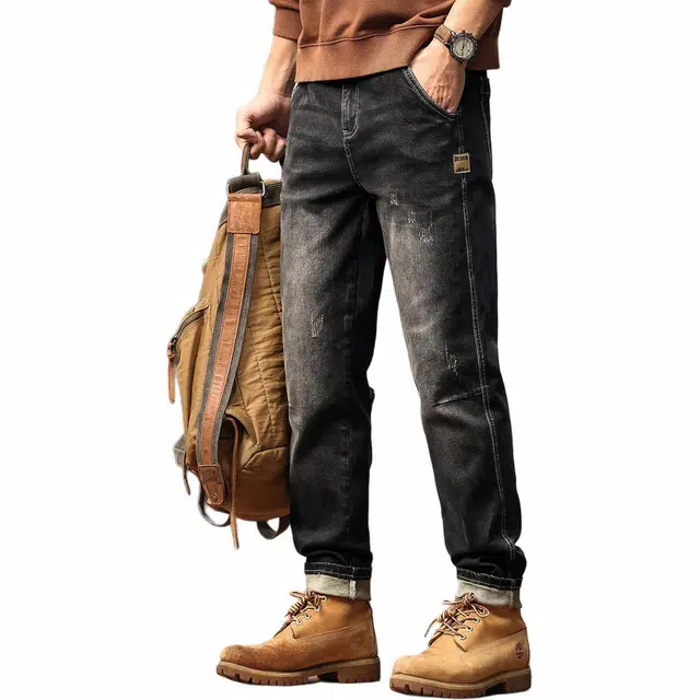 格蓝鹿 美式做旧水洗大码薄款宽松直筒潮牌休闲弹力长裤子牛仔裤 男女同款 黑灰