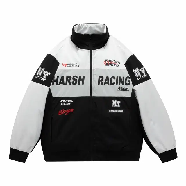 纳趣 美式复古防风宽松休闲机车赛车服连帽棉服 男女同款